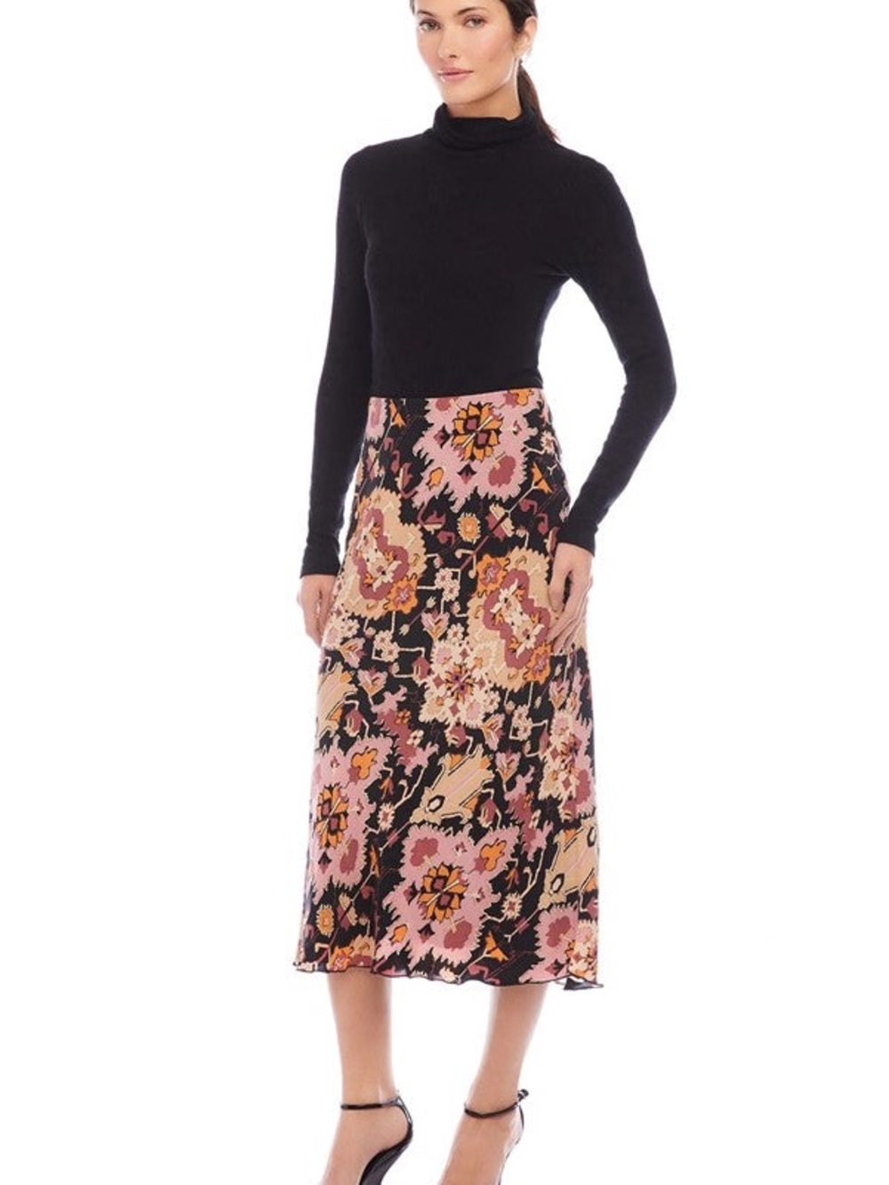 Fifteen Twenty Black Midi Skirt with Pink and Tan Floral Print
